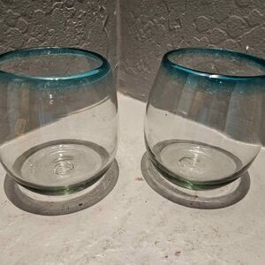 Stemless Wine Glasses Set of 2 with Blue Rim 4.5" x 3.5"